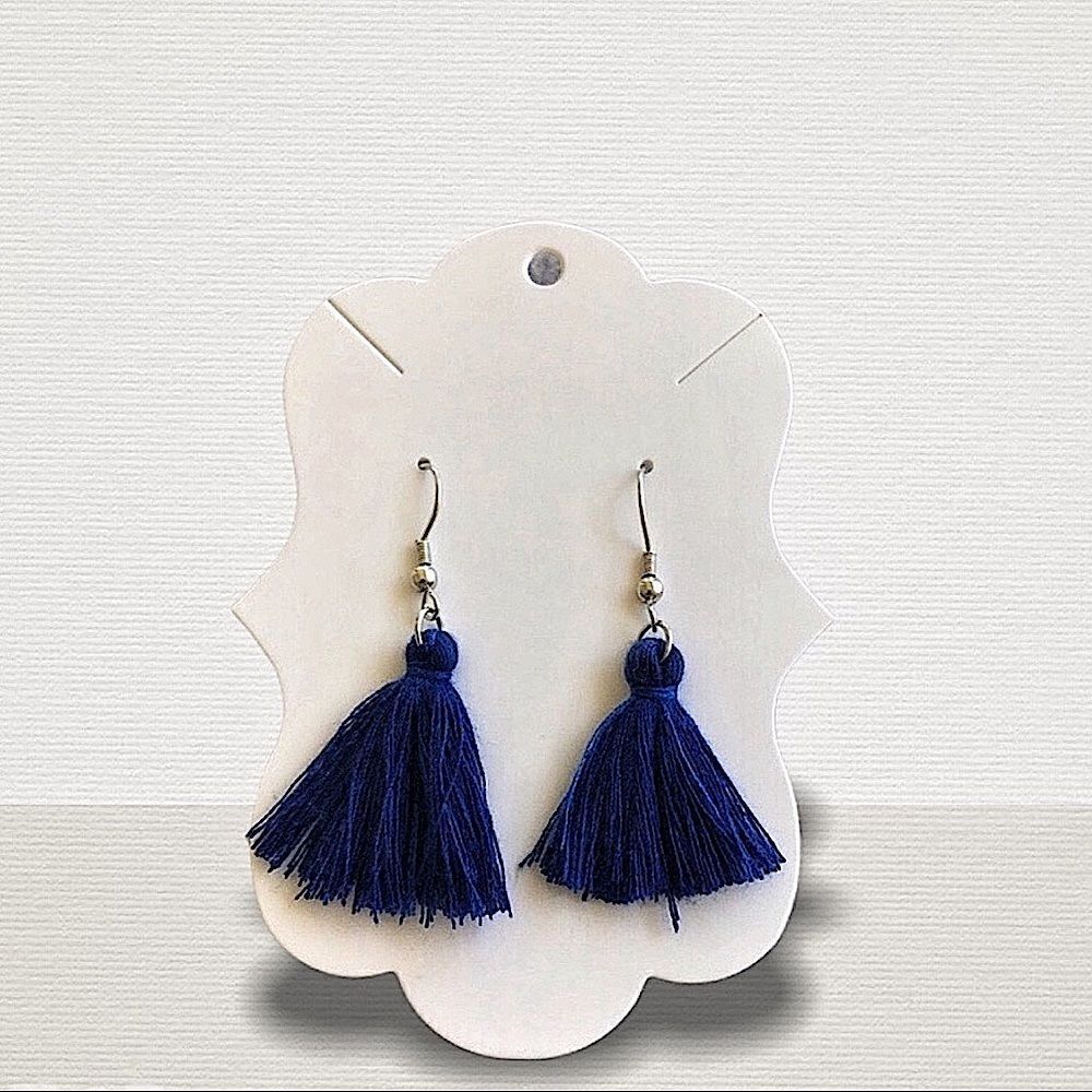 Tassel Earrings Silver Navy Blue Boho Festival Handmade USA Feminine
